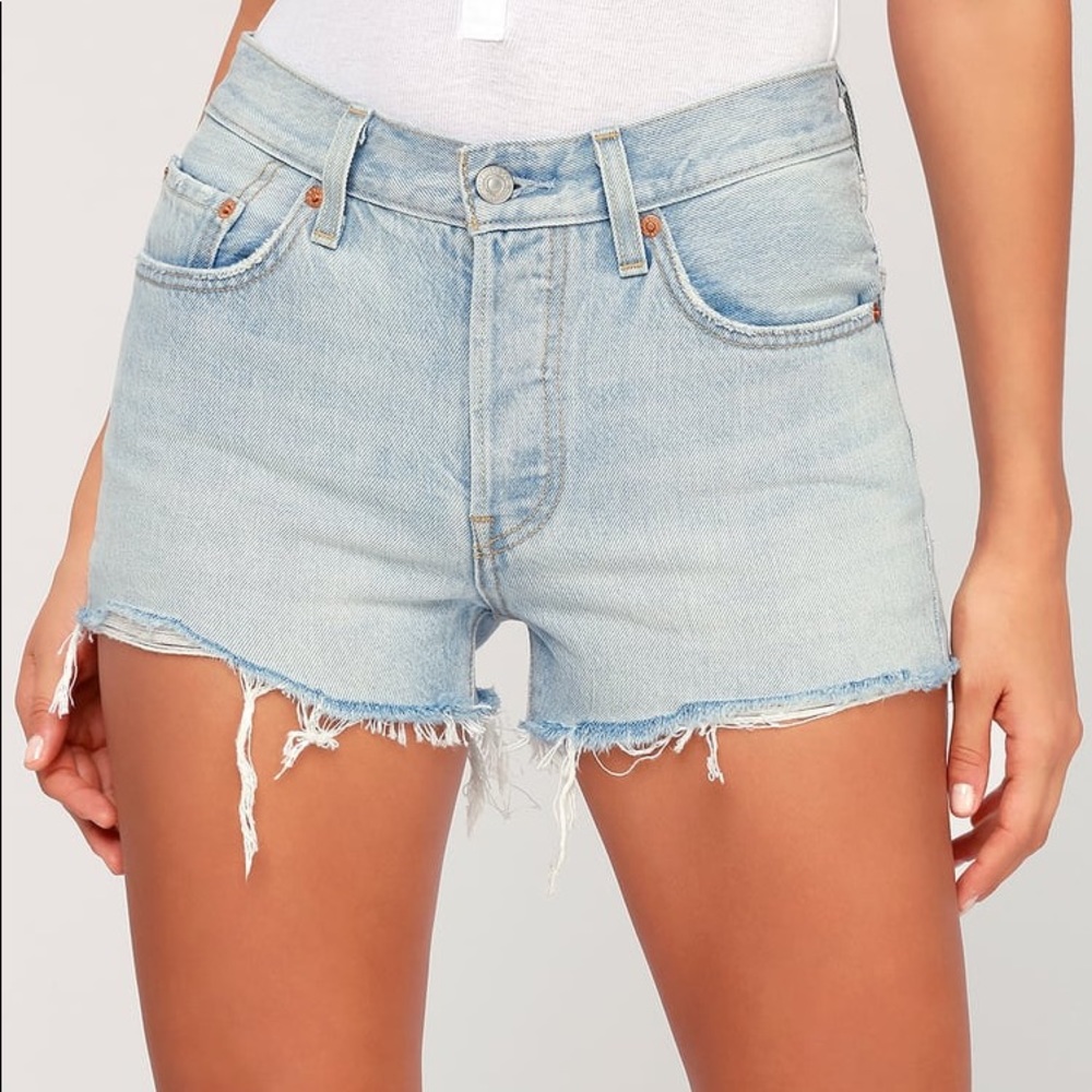 Faded Light Wash Distressed Denim Cutoff Shorts